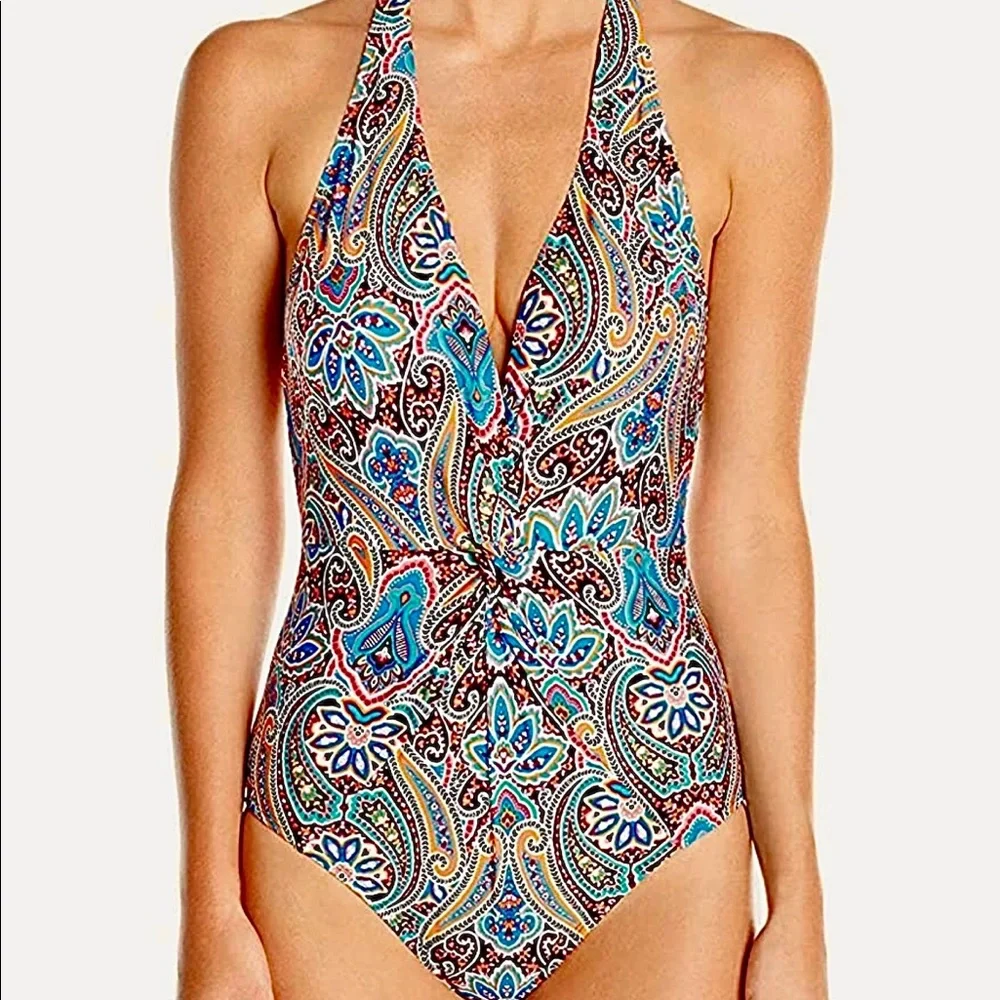 Jantzen Paisley Halter Plunge One Piece Swimsuit